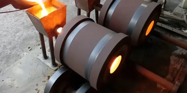 Glödande ringformade metallstycken på ett rotationsställ