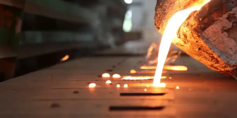 Glödande metall hälls i en sandform vid sandgjutning