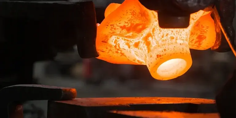 Glödande metallstycke under smide